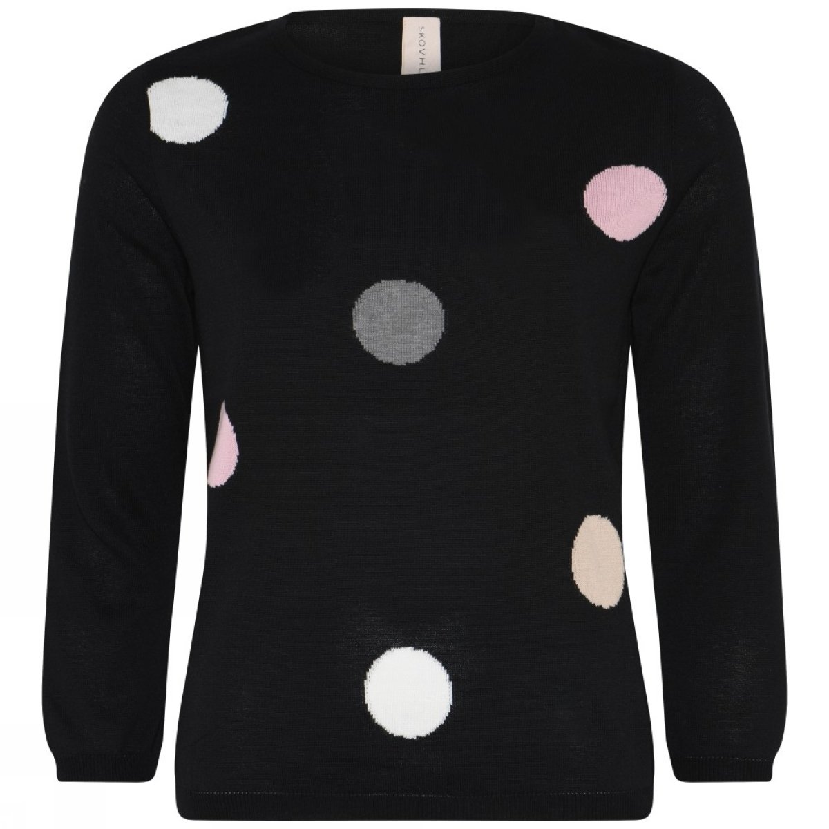 Sort letstrikket bluse fra Skovhuus med rund hals, lange �rmer og m�nster af store rosa, gr� og hvide bomber