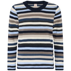 Klassisk strikbluse fra Skovhuus med rund hals, lange rmer og striber i mrkebl, lysebl, gr og hvid – bld og varm til hverdag og fritid