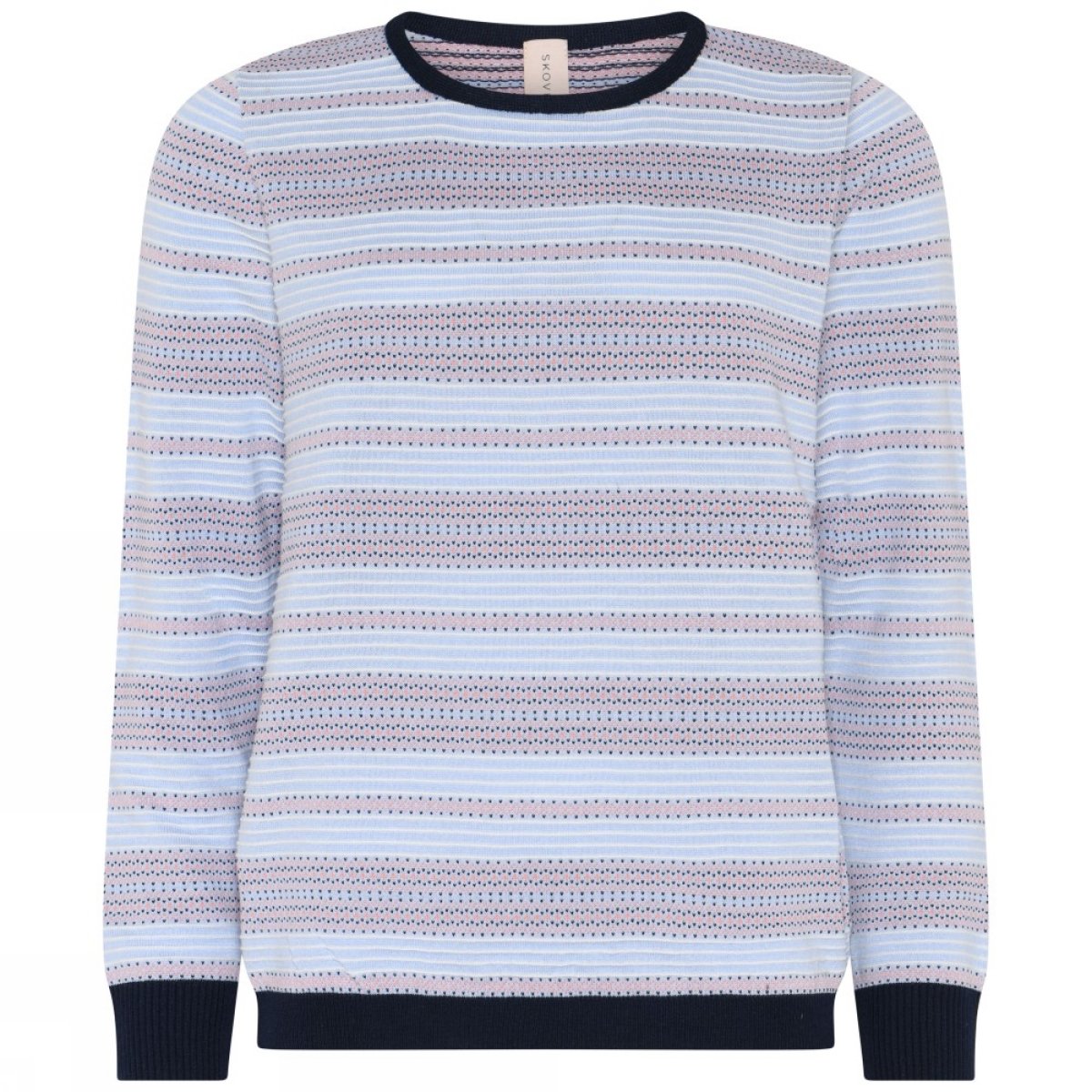 Lysebl� m�nstret strikbluse fra Skovhuus med rustorange striber og m�rkebl� navy ribkanter