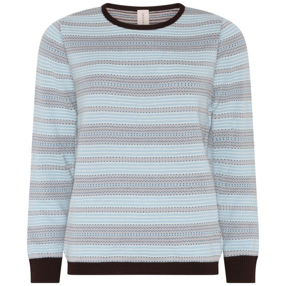 Lys tyrkisbl� m�nstret strikbluse fra Skovhuus med brune og rustorange striber samt rund hals