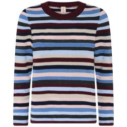 Stribet strikbluse fra Skovhuus i vinrd, lysebl, sand og hvid med rund hals og lange rmer – bld og varm