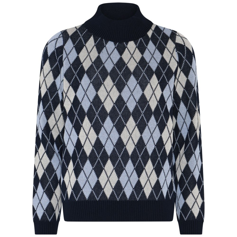 Navy og lysebl� m�nstret turtleneck strikbluse fra Skovhuus med h�j hals og ribkanter