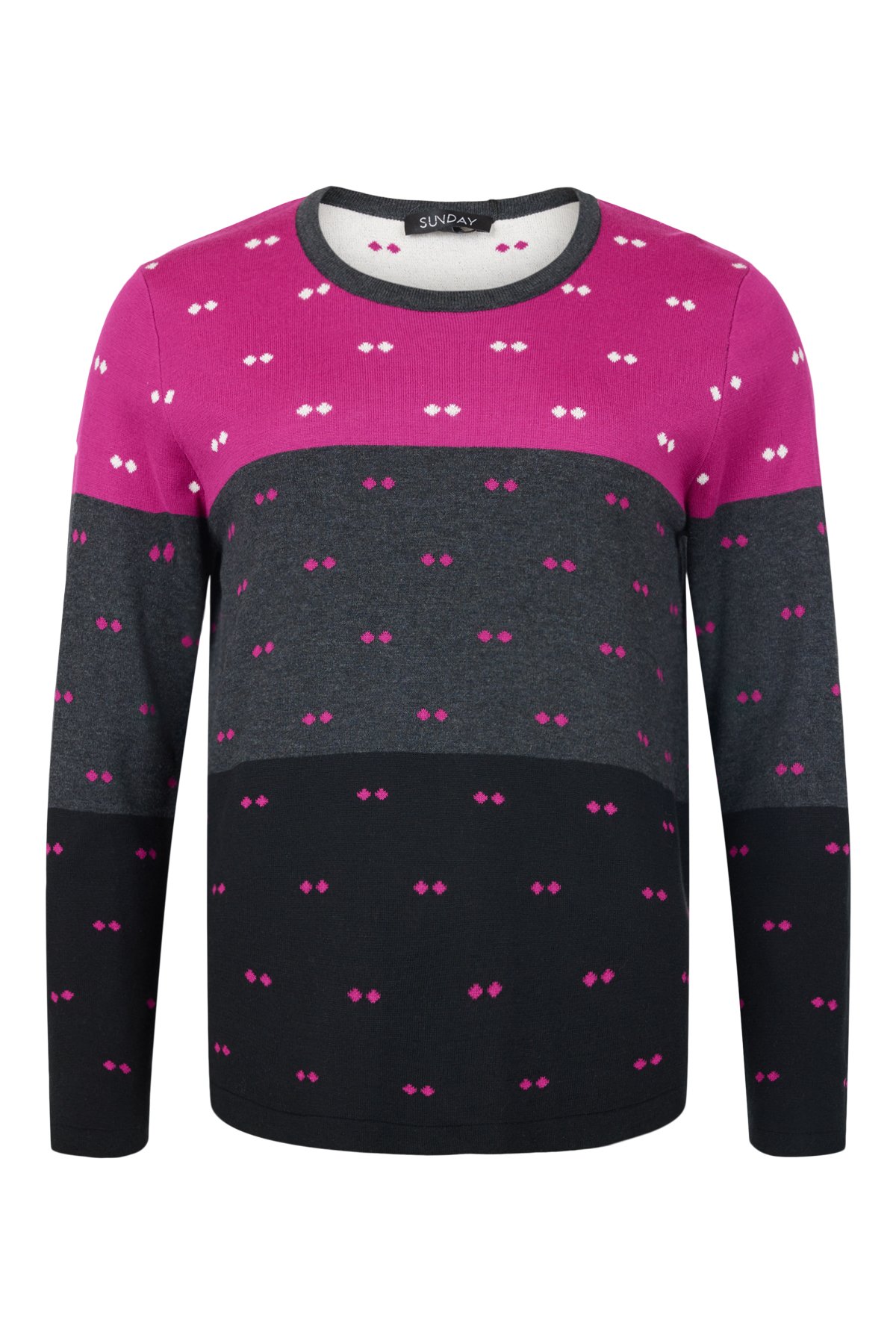 Sunday strikbluse i pink, gr og sort – rund hals og lange rmer